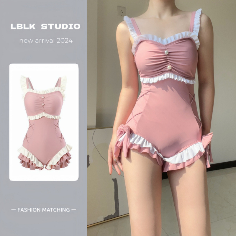 连体泳衣女款2024新款粉色保守显瘦遮肚比基尼泳装甜美性感泡温泉