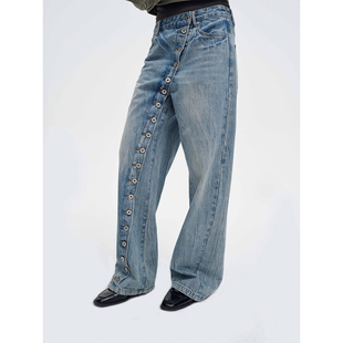 COMMEUNTISSU 水洗复古斜门襟纽扣牛仔裤长裤
