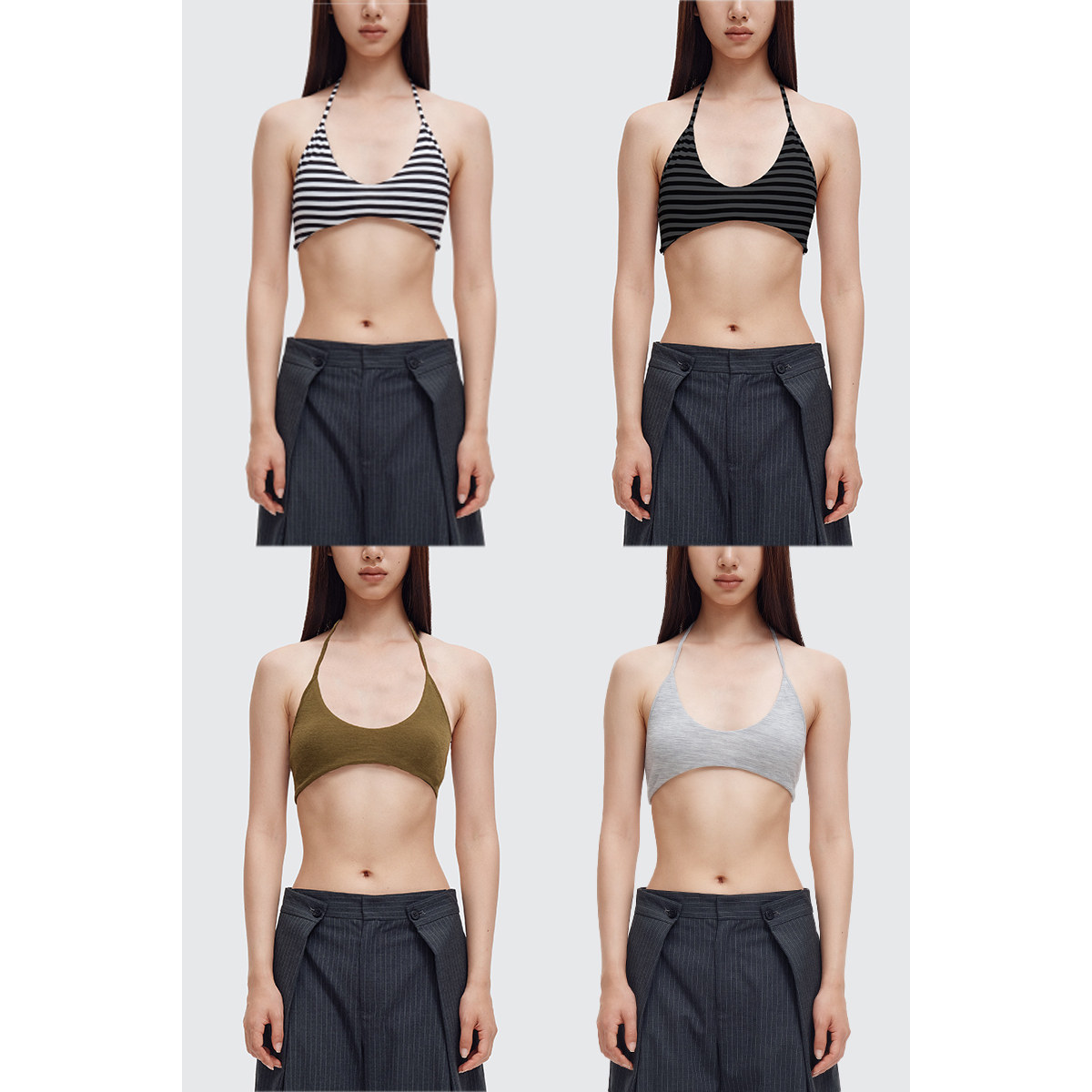 COMMEUNTISSU 条纹针织羊毛大U领修身挂脖系带弹力瑜伽内衣BRA