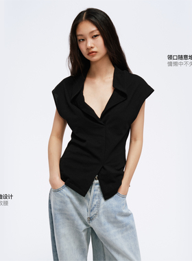 COMMEUNTISSU 黑色珠地肌理针织飞袖设计感POLO上衣