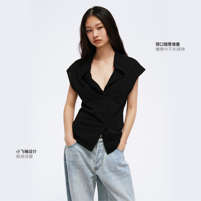 COMMEUNTISSU 黑色珠地肌理针织飞袖设计感POLO上衣