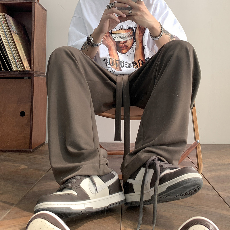 지퍼 장식 드레이프 와이드 팬츠 남성과 여성을 위한 하이 스트리트 캐주얼 스포츠 바지 봄 가을 새로운 하이 웨이스트 루즈 슬리밍