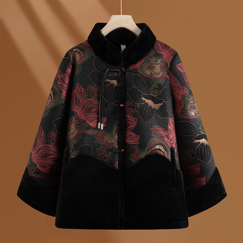 奶奶秋冬皮毛一体外套新款中老年棉服加绒加厚妈妈冬装老太太衣服