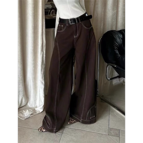 美式复古高腰棕色阔腿牛仔裤女秋冬高街设计感直筒宽松显瘦拖地裤