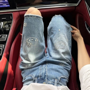 高腰直筒宽松五分短裤 美式 2026夏季 牛仔裤 潮 复古卡通kt猫刺绣中裤