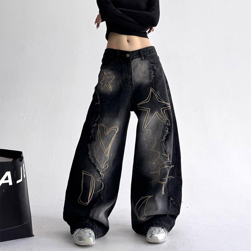 美式水洗刺绣弯刀牛仔裤子2025秋季新款街头hiphop痞帅女生阔腿裤