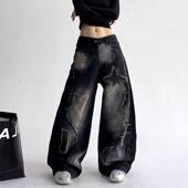 水洗刺绣弯刀牛仔裤 子2025秋季 新款 美式 街头hiphop痞帅女生阔腿裤