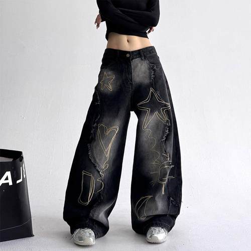 美式水洗刺绣弯刀牛仔裤子2025秋季新款街头hiphop痞帅女生阔腿裤