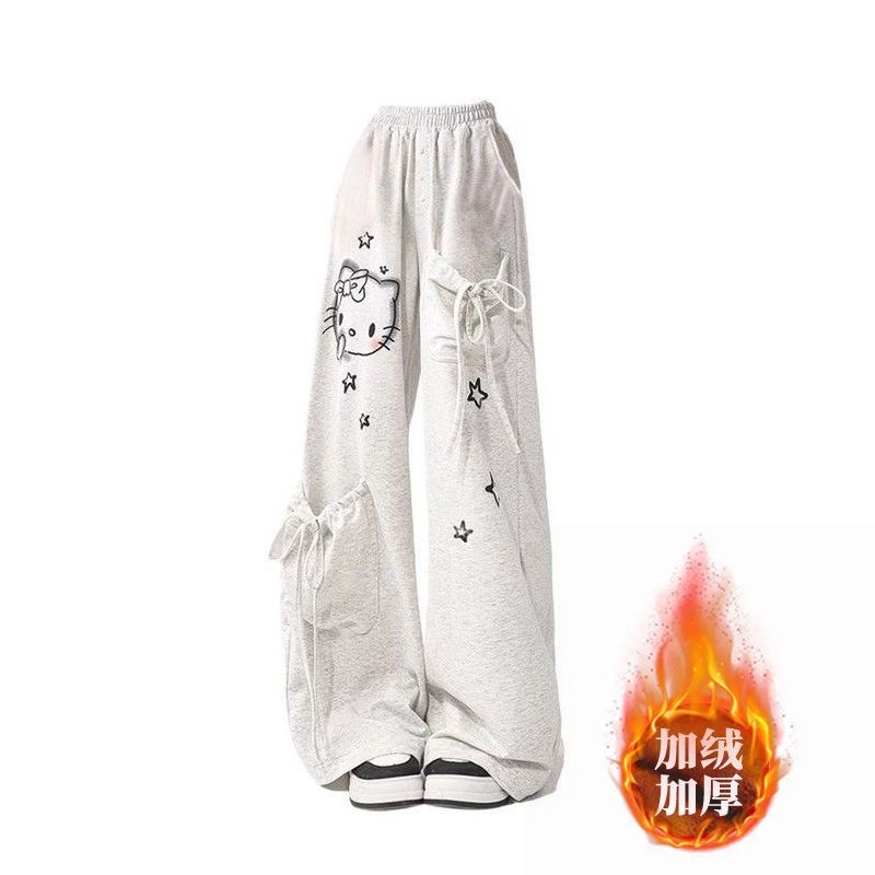 灰色加绒凯蒂猫运动卫裤女夏季薄款美式休闲宽松阔腿爵士跳舞裤子
