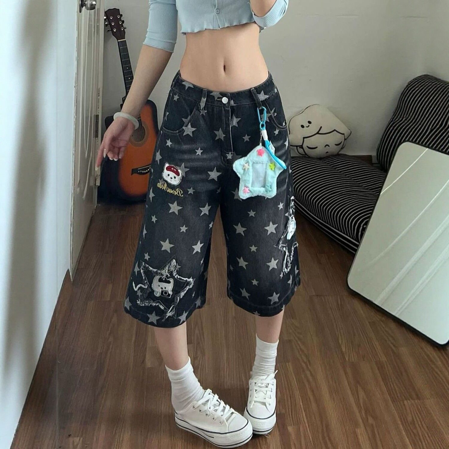 美式复古星星贴布刺绣七分牛仔裤子女夏季高街显瘦宽松直筒阔腿裤