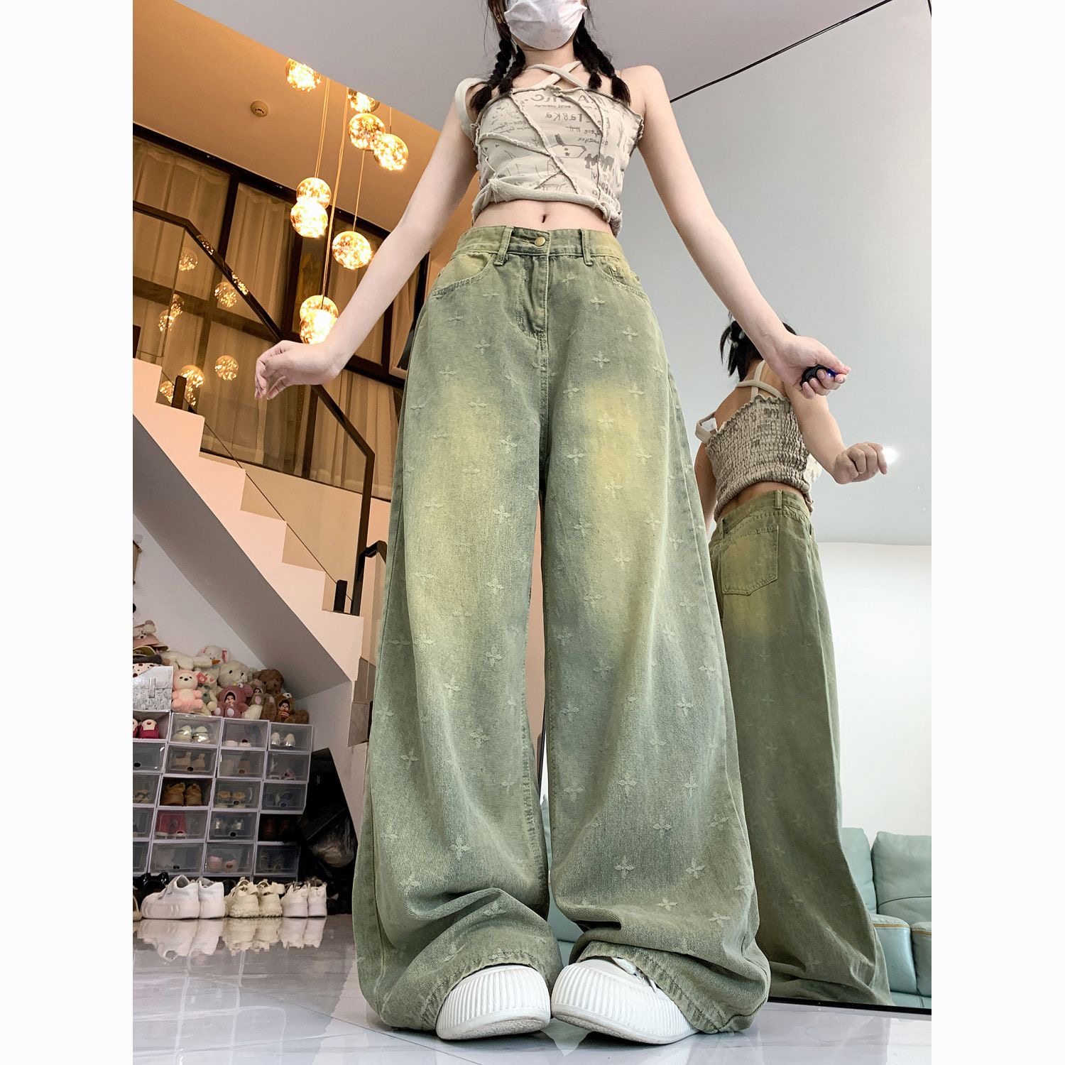 大码美式复古十字印花做旧阔腿牛仔裤女秋季季新款小众高腰拖地