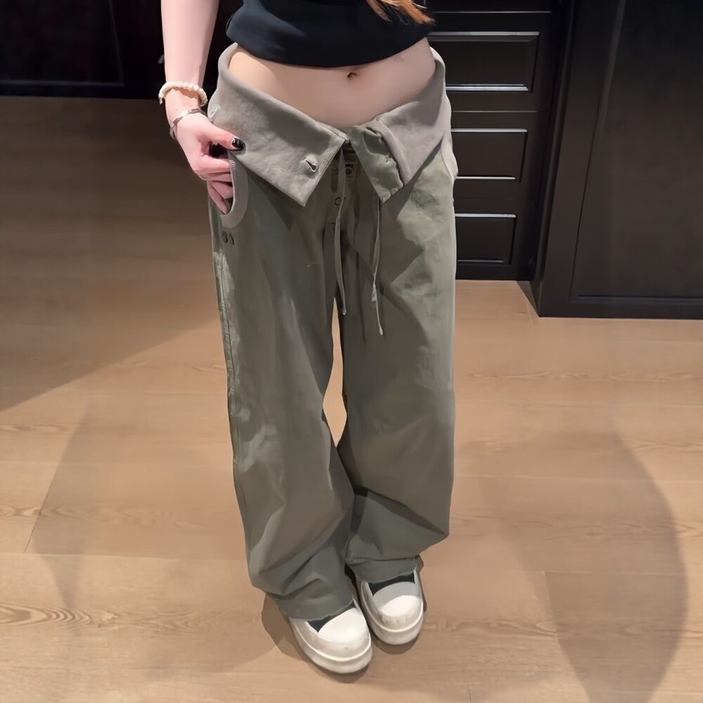 美式复古低腰翻边工装牛仔裤女夏季高街设计感直筒宽松显瘦阔腿裤