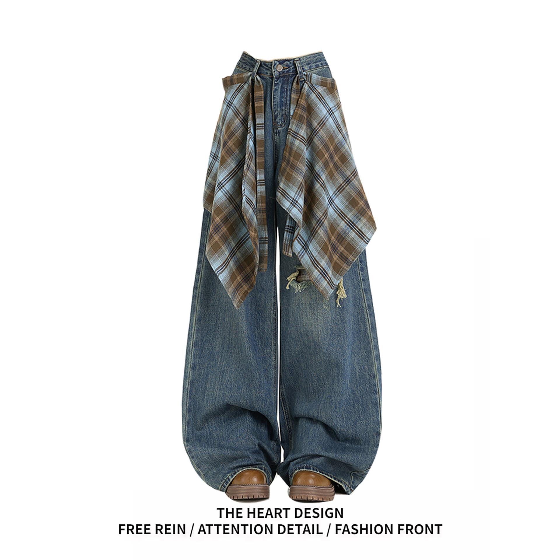 可拆卸屁帘阔腿牛仔裤女2025秋季新款高腰设计感假破洞宽松直筒裤