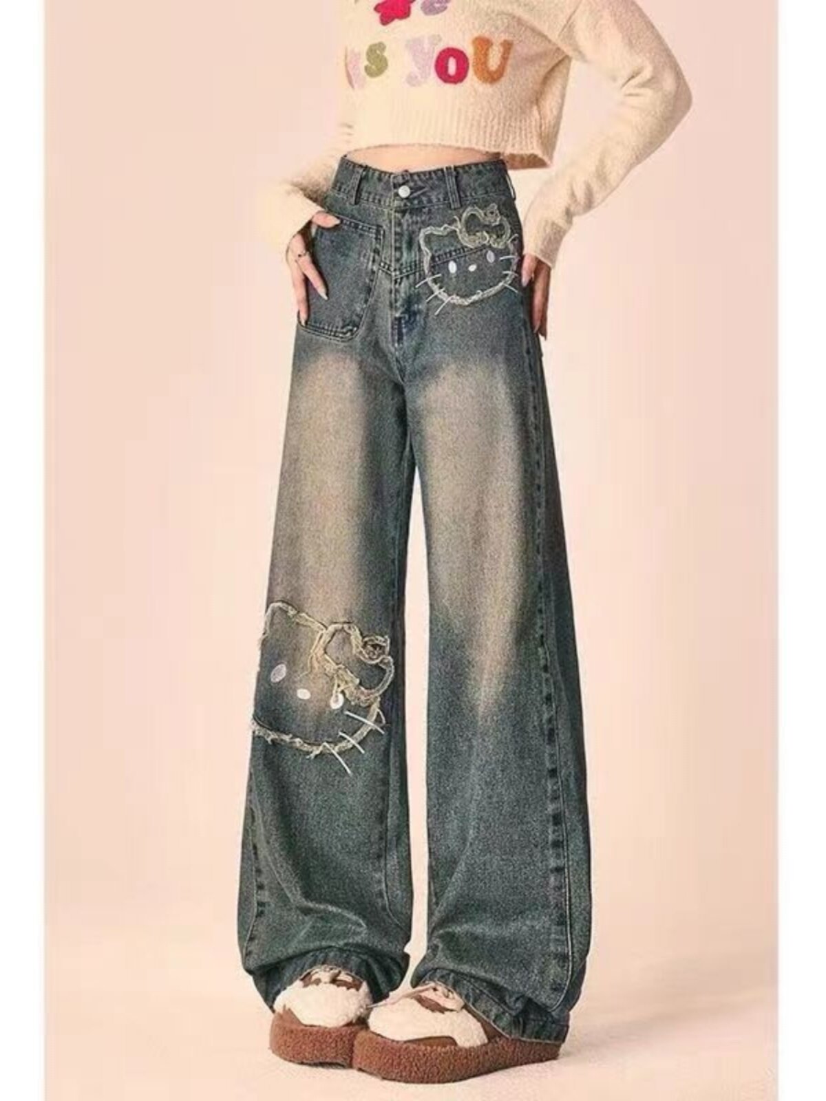 HIGH STREET RETRO CARTOON CAT & DOG EMBROIDERY PATCH WIDE LEG JEANS WOMENS AUTUMN AND WINTER NEW NATIONAL TIDE STUDENT STRAIGHT LEG TROUSERS