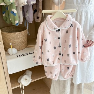 全棉纯棉女童珊瑚绒睡衣秋冬季 加厚女孩宝宝法兰绒儿童卡通居家服