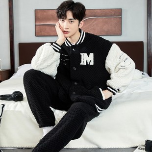 全棉纯棉春秋珊瑚绒睡衣男秋冬季 加厚加绒法兰绒家居服保暖套装