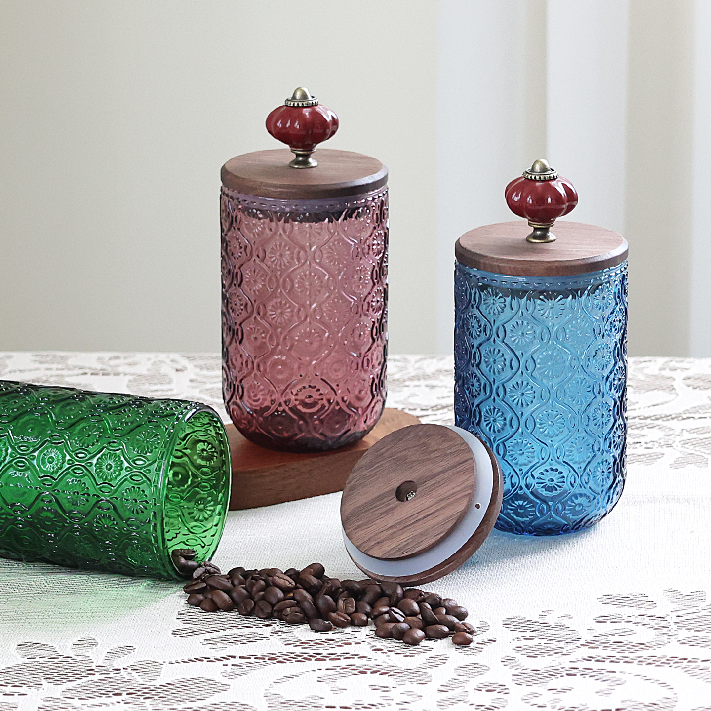 美式复古咖啡豆密封罐胡桃木盖 食品级储物罐茶叶密封瓶装饰摆件