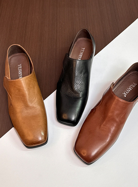 水洗牛皮粗跟深口单鞋女真皮大码极简风魔术贴黑色小皮鞋春季新款