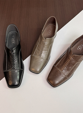 中跟深口单鞋女大码复古百搭通勤可踩跟黑色小皮鞋子2026春季新款