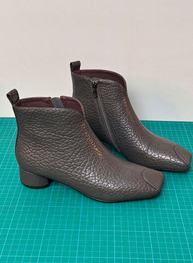 伊莲雅软底真皮短靴女小方头粗跟低跟大码女单靴子加绒保暖棉靴子