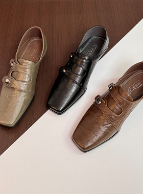 黑色小皮鞋女老钱风粗跟深口单鞋大码复古通勤低跟可踩跟春季新款