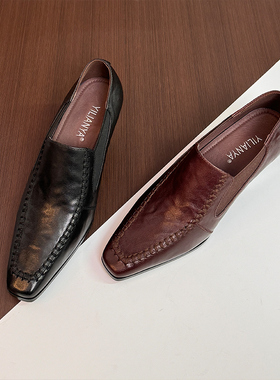 高跟鞋女粗跟手抓羊皮气质深口单鞋大码法式百搭黑色英伦小皮鞋子