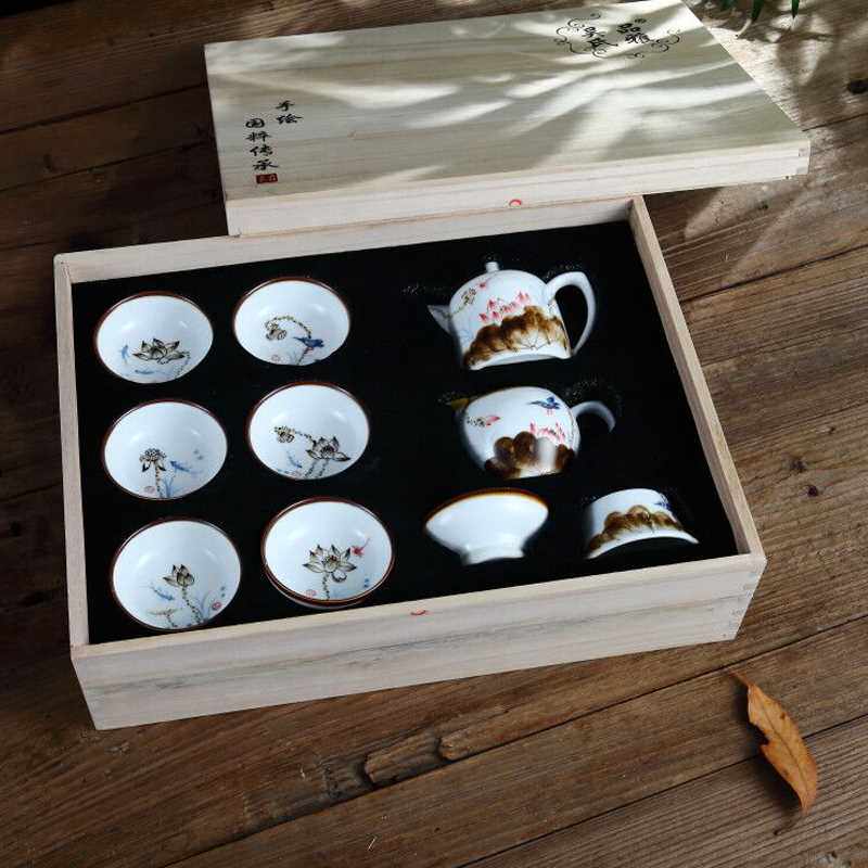 高档吴氏品雅赤莲窑变三才盖碗高端茶杯手绘荷花茶壶潮汕功夫茶具