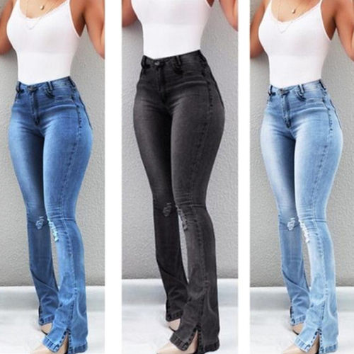 fashion elastic trousers jeans women ladies pants 松紧高腰裤