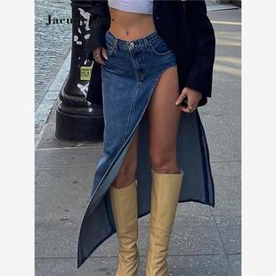 Summer Split Out Denim Skirt Jeans Women Casual Long Skirt