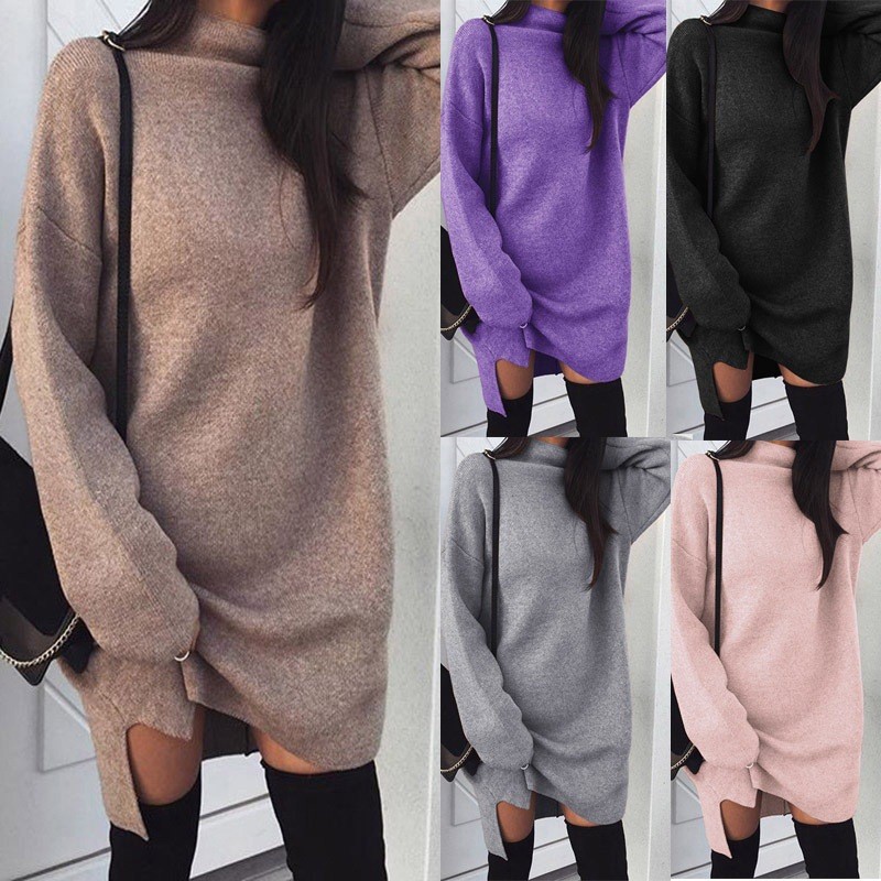 Women winter knitted dress loose turtleneck sweater blouse