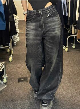 intage Black Wide Leg Jeans Women Baggy Denim Trousers Grung
