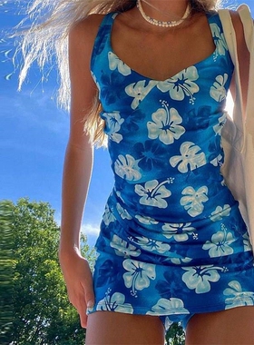 Floral Print Cute Y2K Mini Dresses Women Beach Summer Dress