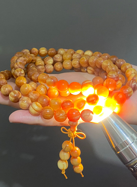 琥珀木东北长白山沉香全满油松明子透光108手链佛珠20手串全玉化