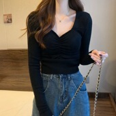 新款 V领褶皱速干瑜伽T恤女一体胸垫显瘦透气健身打底上衣 秋冬法式