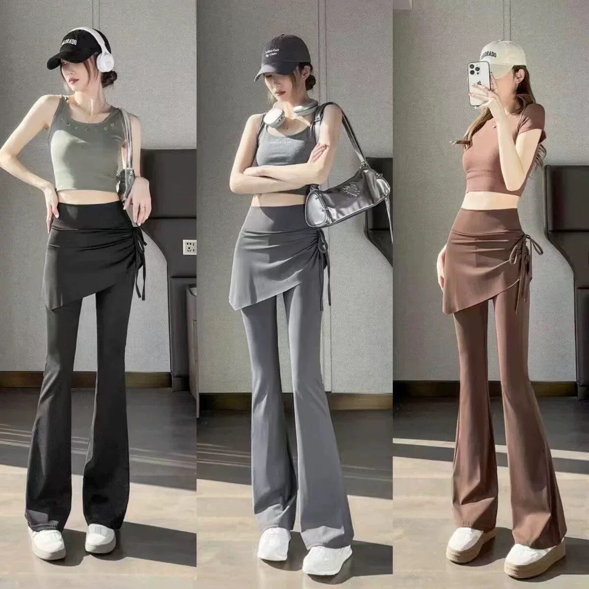 假两件抽绳微喇叭裤女高腰提臀收腹显瘦健身裤裙长裤紧身瑜伽裤