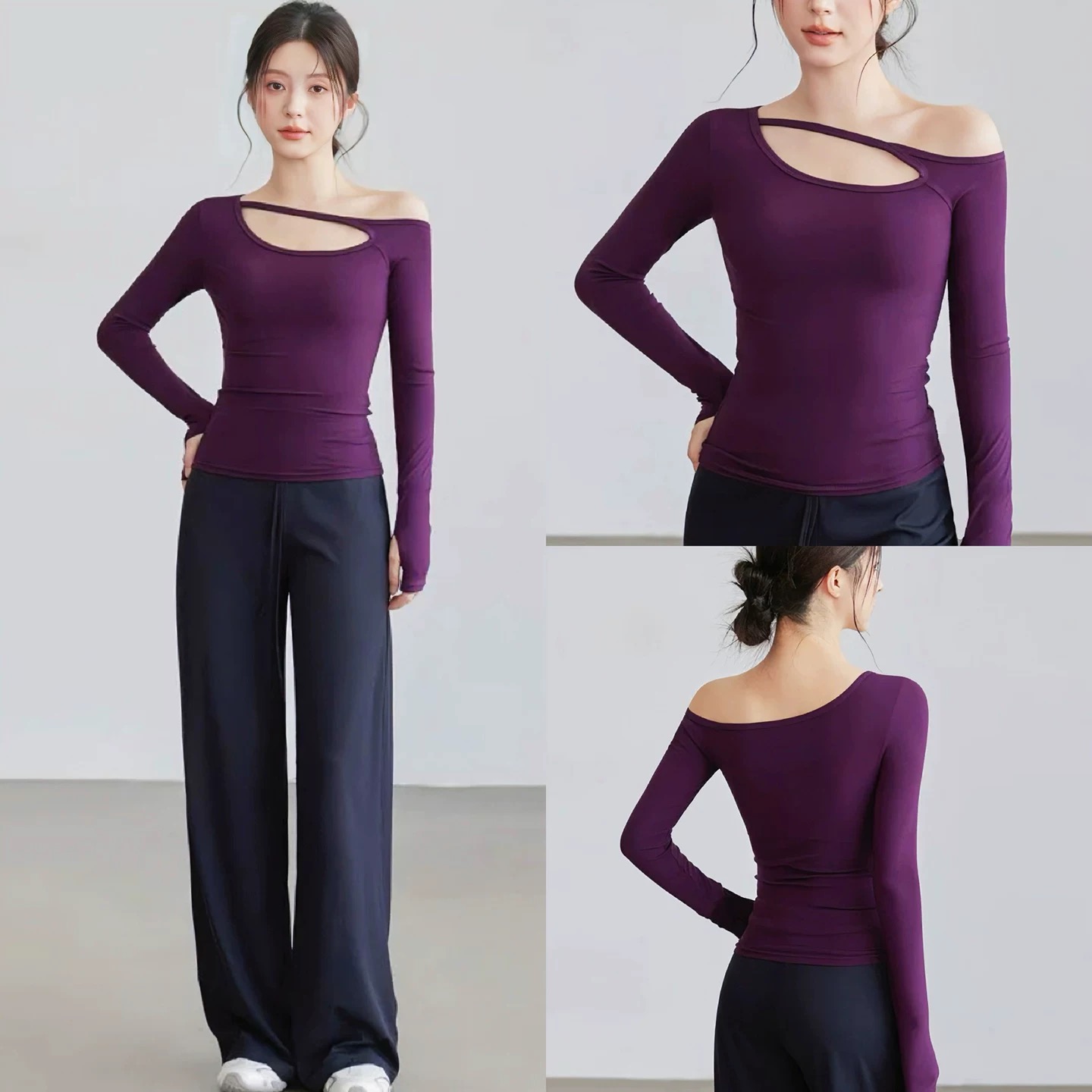 高级感露肩长袖瑜伽服上衣女修身显瘦速干不对称设计感运动健身衣