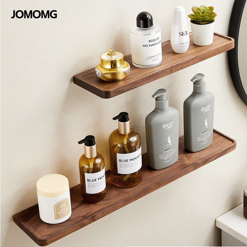 卫生间免打孔胡桃木浴室置物架实木一字板厕所墙上收纳洗手间隔板