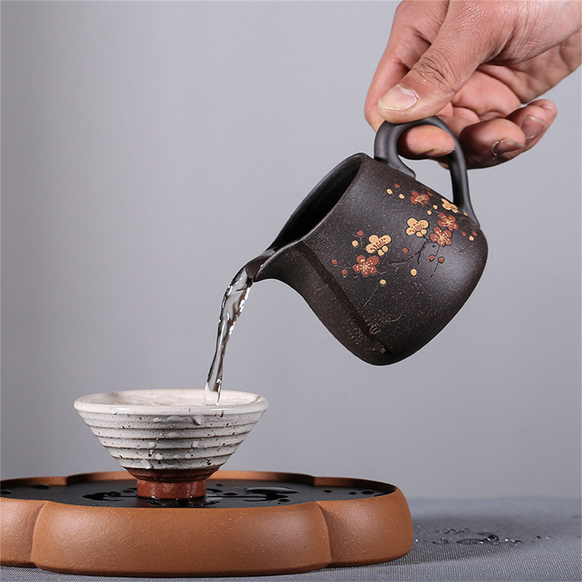 宜兴梅花黑金砂公道杯纯手工家用原矿名家功夫茶具配件分茶器泡茶