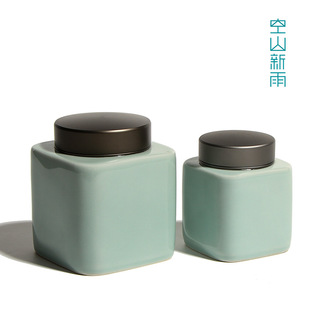 空山新雨 方形陶瓷茶叶罐 龙泉青瓷金属盖密封罐通用茶叶盒储存罐