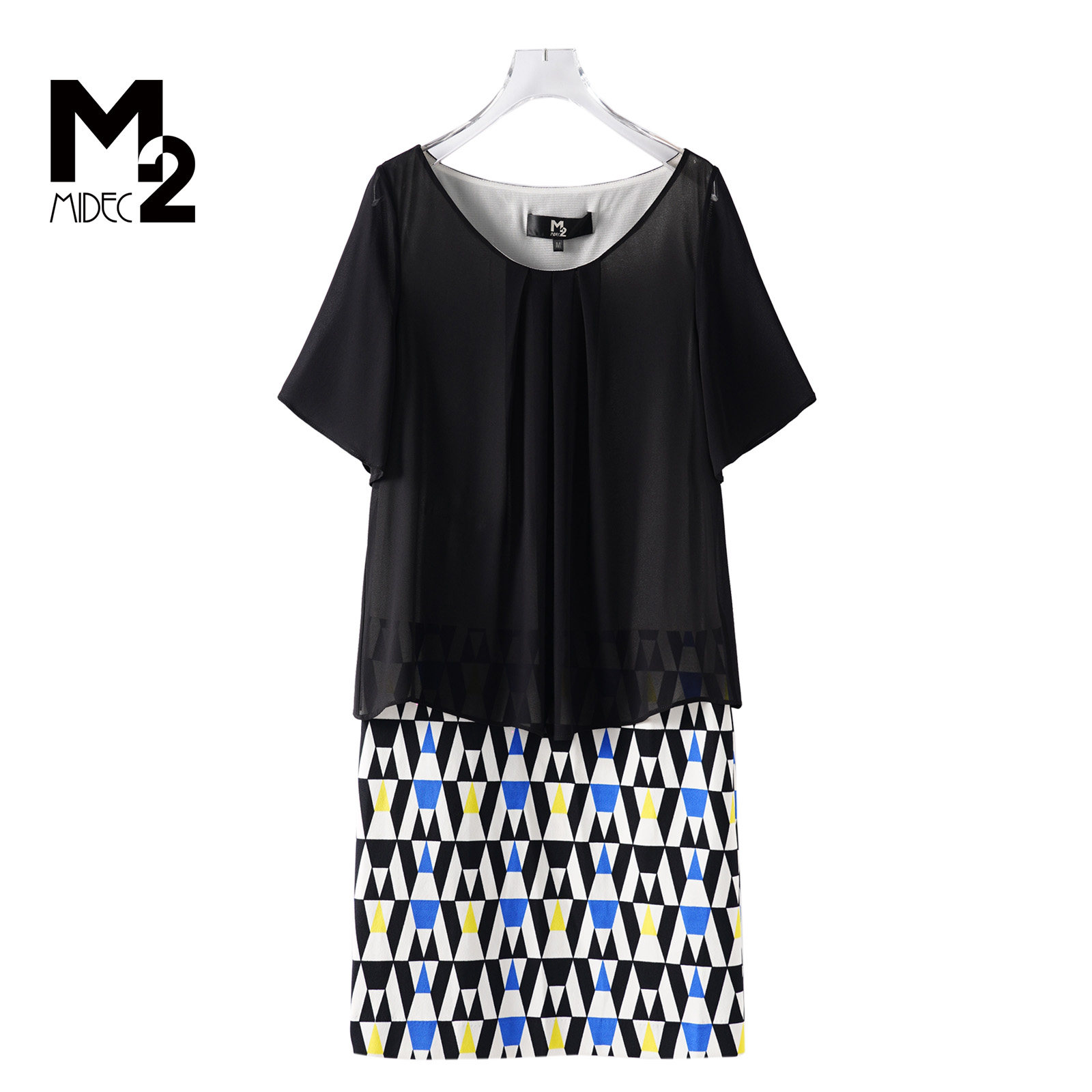 M2奥莱店夏新款宽松大码收腰显瘦中年妈妈时尚短袖雪纺T恤连衣裙