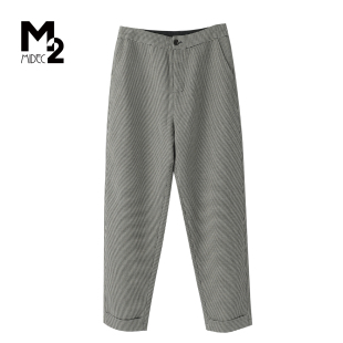 M2奥莱店春秋通勤风千鸟格直筒裤 女中腰显瘦休闲简约长裤