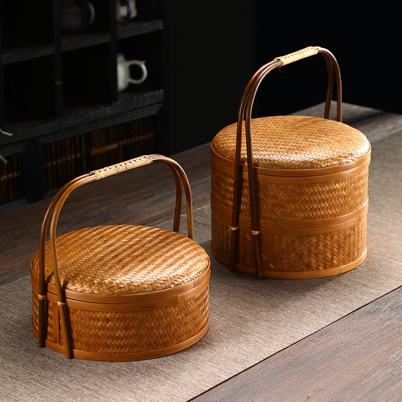 越南大漆复古竹编提篮圆形双层点心篮食盒月饼礼盒手提功夫茶具收
