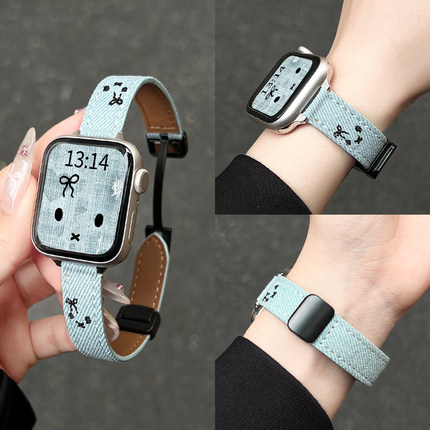 适用iwatchs11手表带韩系牛仔applewatchs10质感新品s9苹果智能运动磁吸表链se高级感8创意腕带秋冬7女款专用