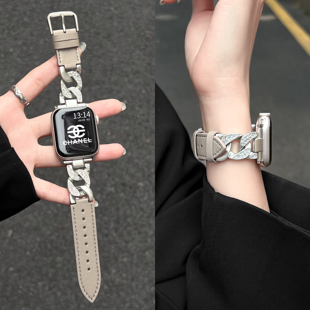 学长家创意镶钻金属间皮表带秋冬