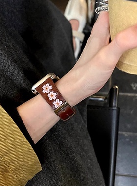 适用applewatchs9表带小众女款夏季iwatchs9版皮质高级感iwatchse2手表带真皮s8苹果s7手表s6樱花女生s5表链