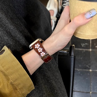 适用applewatchs9表带小众女款夏季iwatchs9版皮质高级感iwatchse2手表带真皮s8苹果s7手表s6樱花女生s5表链