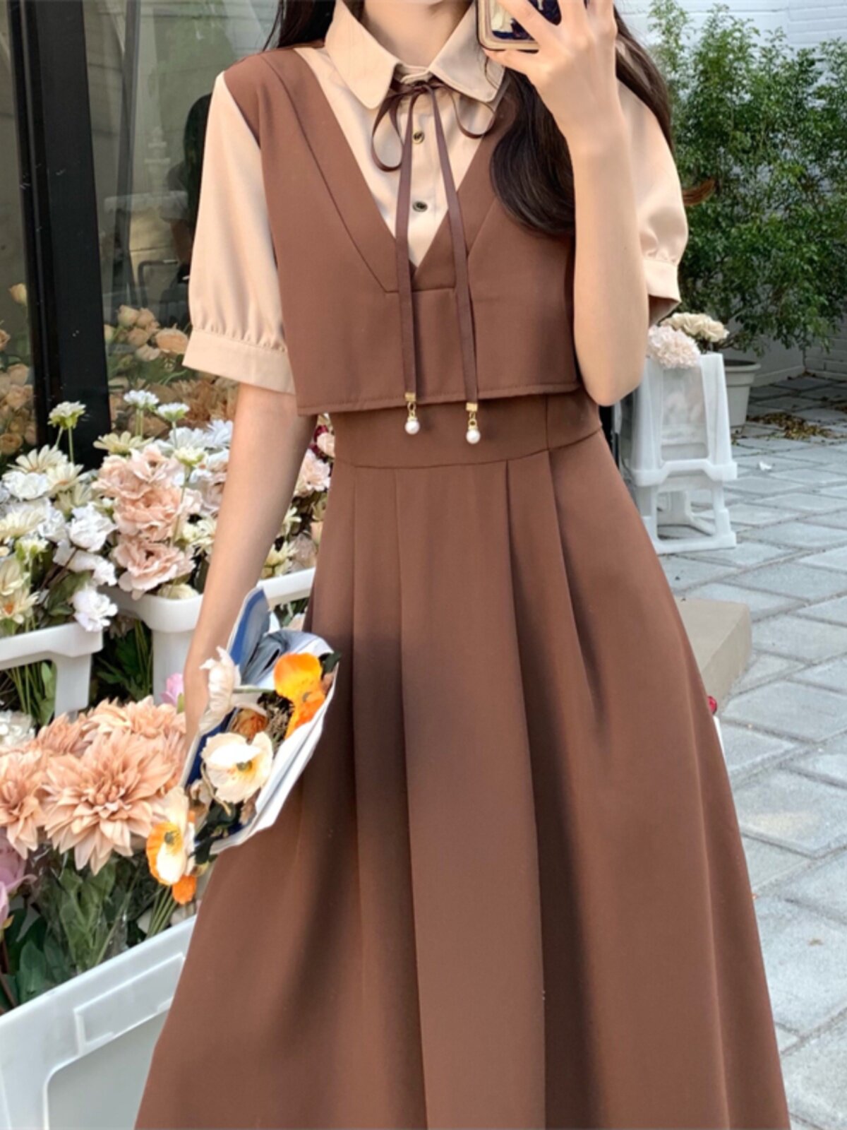 大码女夏季学院风连衣裙成人礼收腰短袖学生毕业礼服Polo长裙套装