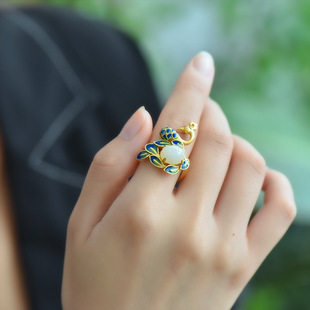 古法传承鎏金工艺凤凰仿纯银戒指女民族风彩绘珐琅仿和田玉指环女