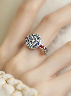 925纯银复古新中式藏地财神扎基拉姆戒指小众高级感可调节指环女