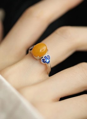 925银复古新中式碧玉蛋面珐琅戒指女国风个性玉石南红蜜蜡食指戒